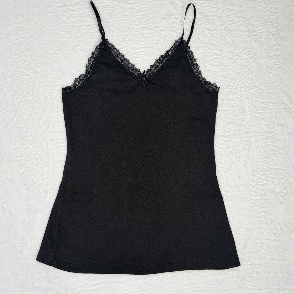 VTG Thalia Sodi Black Lace Trim Cami XL Y2K Pointelle Knit Bow Stretch Tank Top